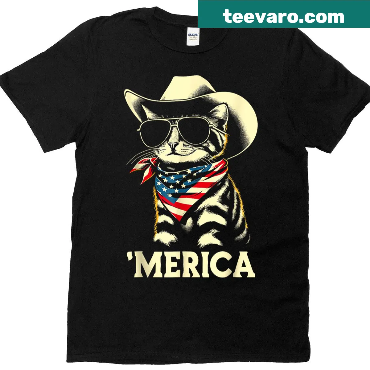 Funny patriotic t-shirt featuring a cat graphic for Fourth of July. — on a men's t-shirt