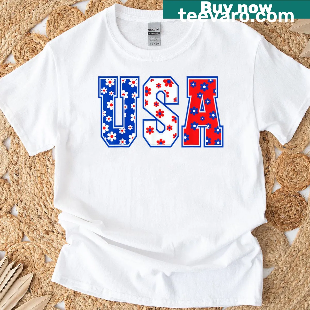 Retro America T-shirt featuring flowers for Fourth of July — on a men's t-shirt