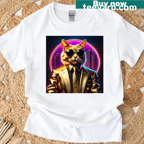 Vaporwave graphic t-shirt featuring a classy cat
