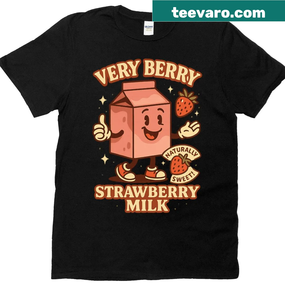 Kawaii strawberry milk carton graphic T-shirt — on a men's t-shirt
