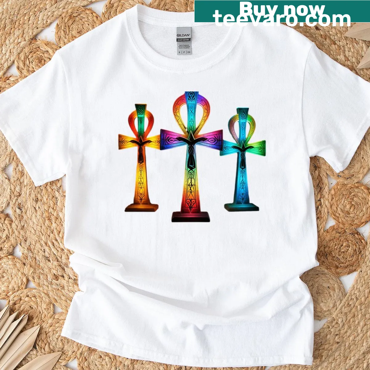 Triple Ankh symbol T-shirt depicting ancient Egyptian design — on a men's t-shirt