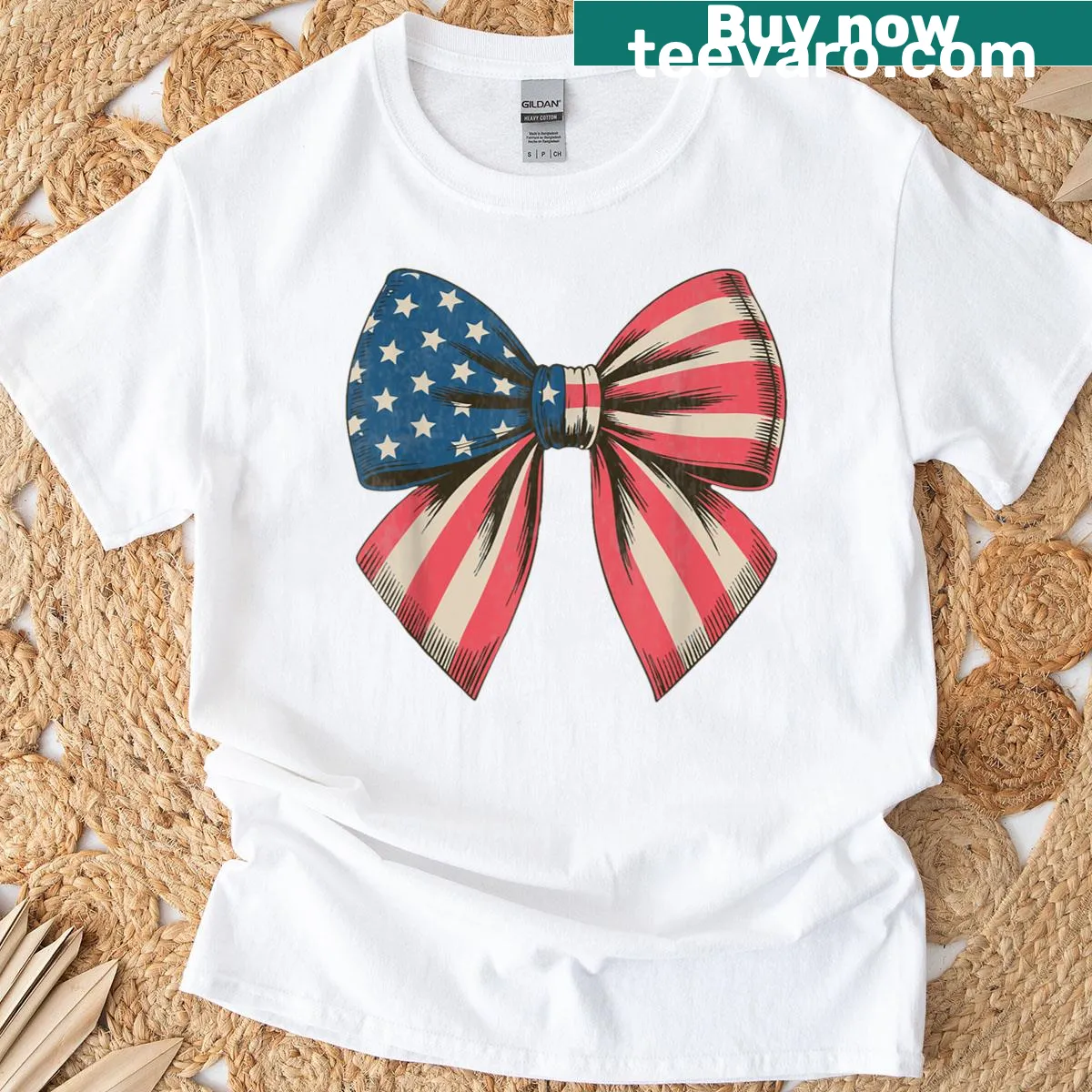 Vintage t-shirt featuring a patriotic American flag bow design. — on a men's t-shirt