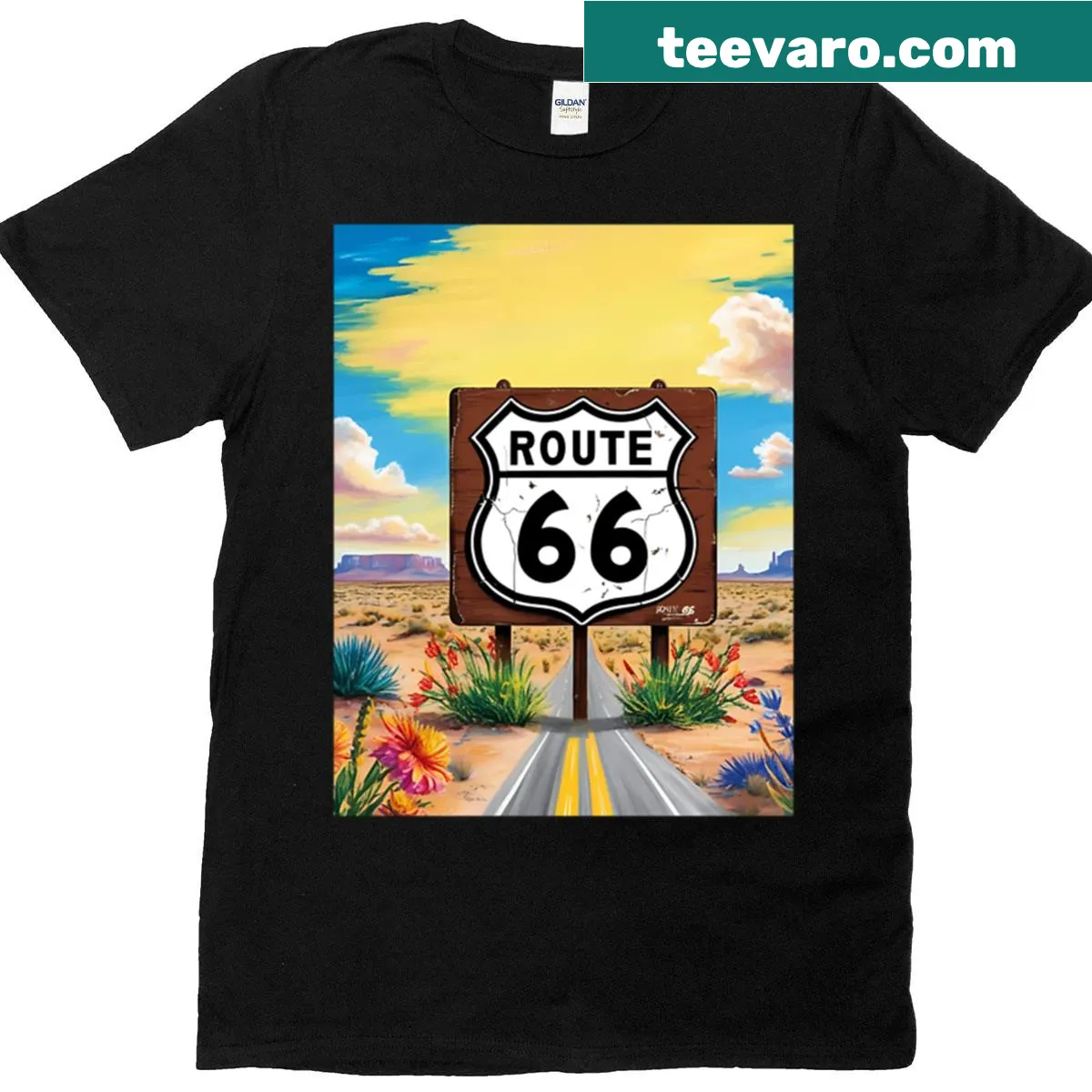 Vintage Route 66 T-shirt with nostalgic travel poster design — on a men's t-shirt