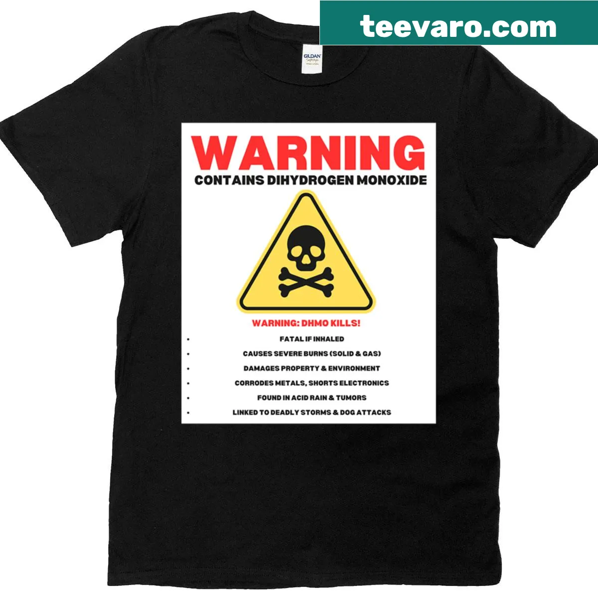 Humorous warning graphic about dihydrogen monoxide — on a men's t-shirt