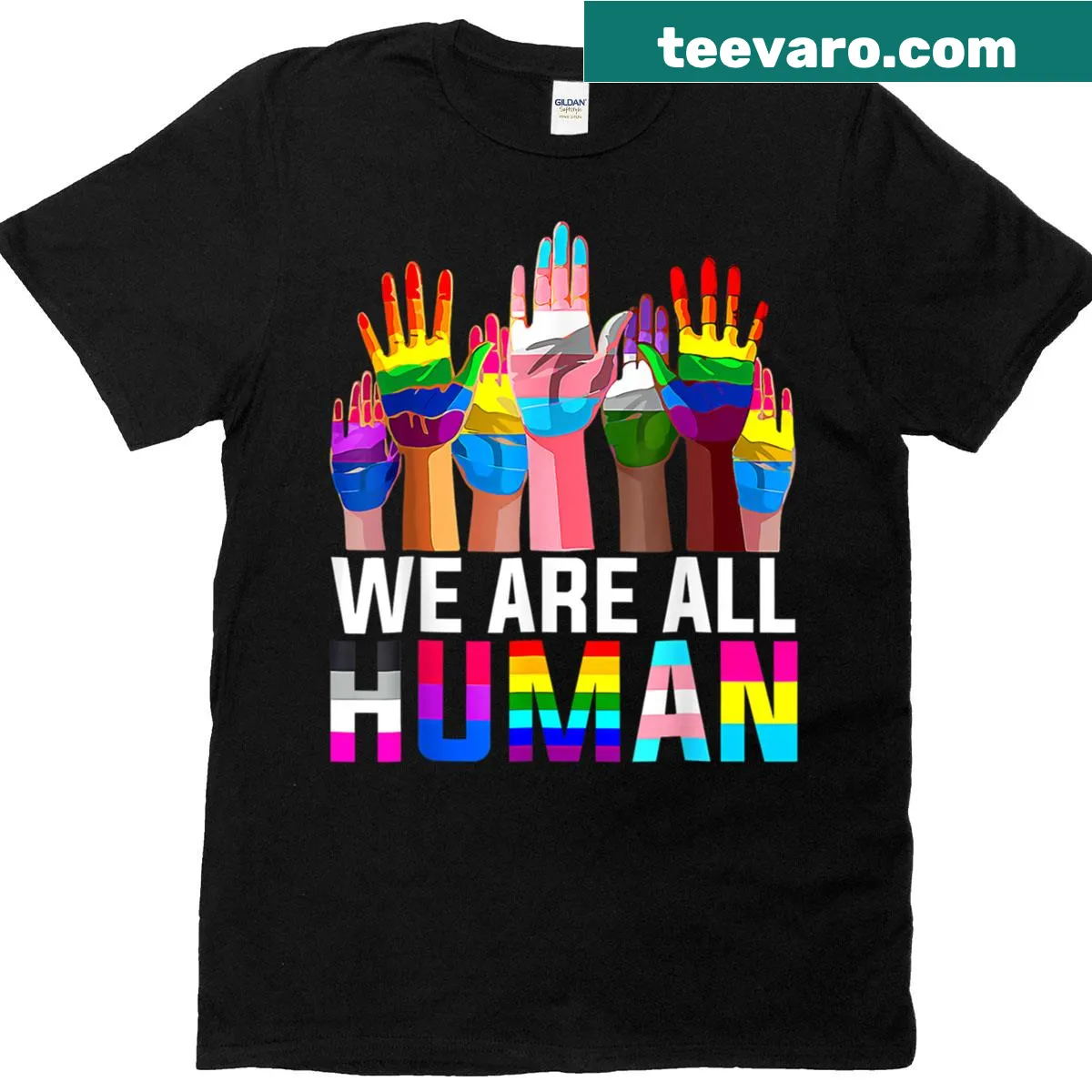 Inclusion-focused T-shirt with LGBT and transgender flag graphics — on a men's t-shirt
