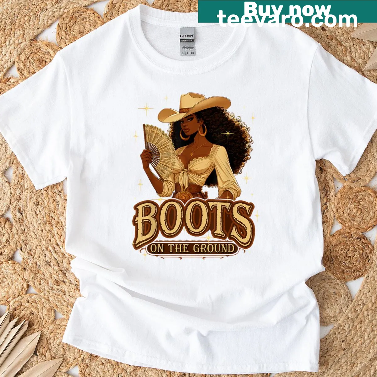 Boots on the ground graphic T-shirt celebrating black cowgirls — on a men's t-shirt