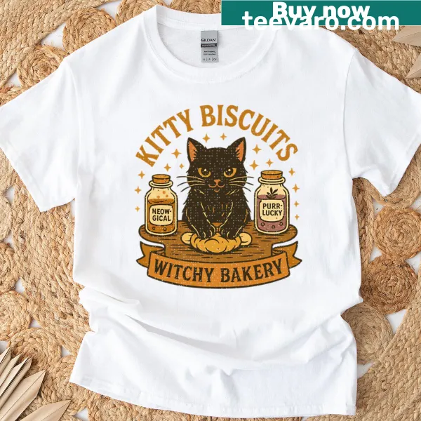 Whimsical cat bakery graphic T-shirt featuring a witchy kitty