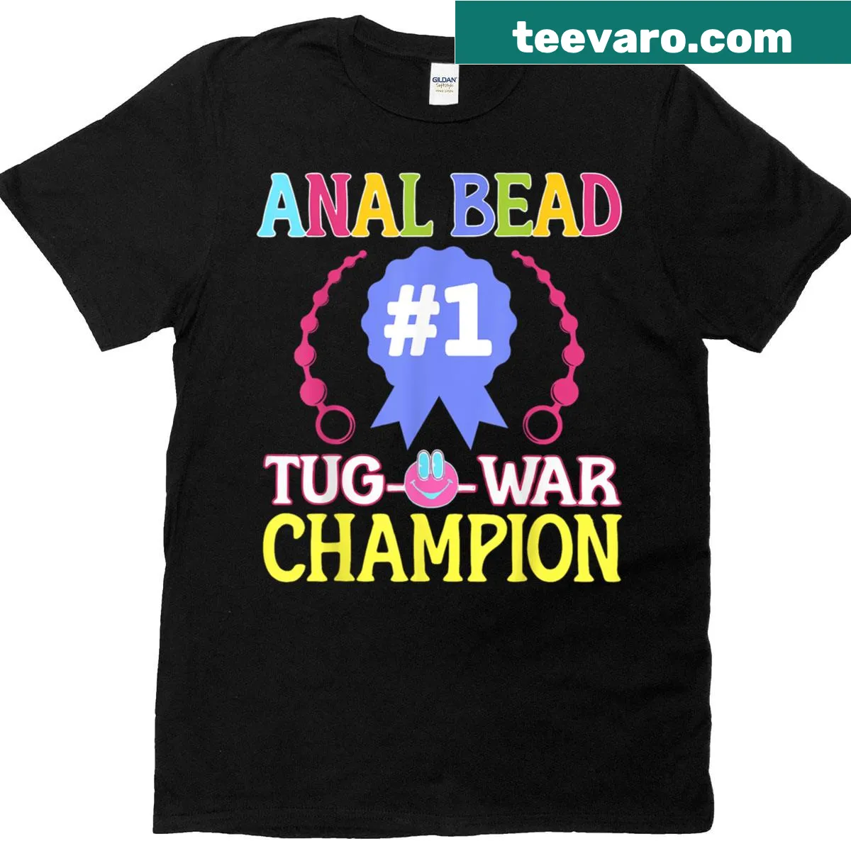 Funny tug o war champion T-shirt design with bead — on a men's t-shirt