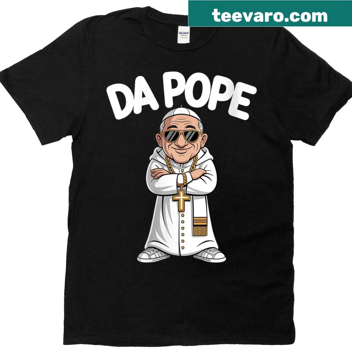 Cartoon graphic of Da Pope from Chicago t-shirt — on a men's t-shirt