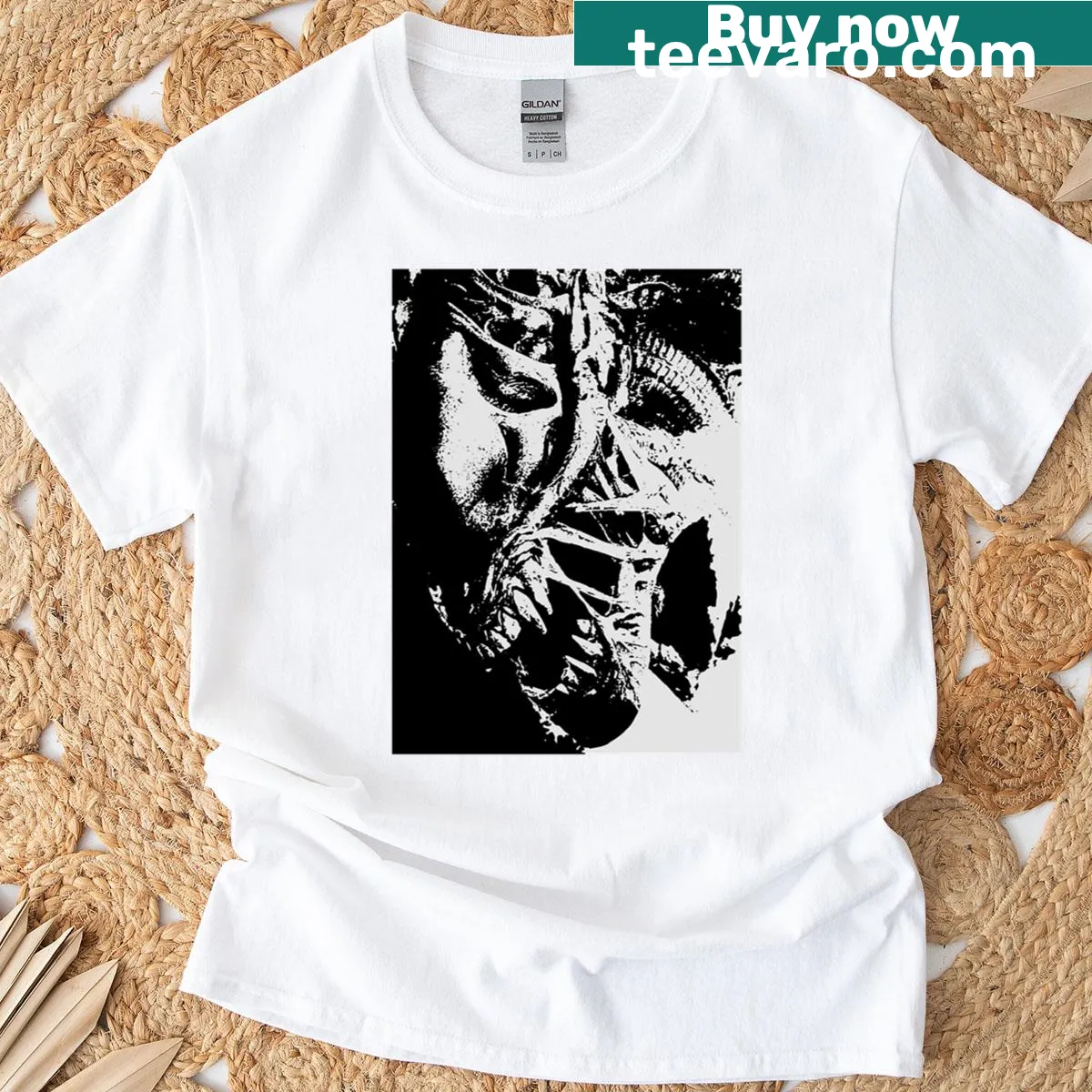 T-shirt with a fierce xenomorph snarl graphic — on a men's t-shirt