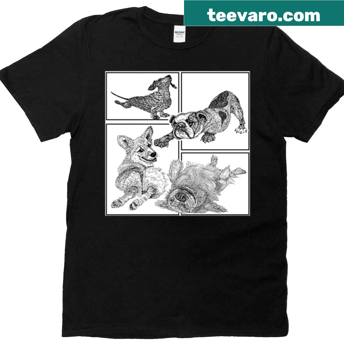 T-shirt featuring illustrated dogs in yoga poses for dog lovers — on a men's t-shirt