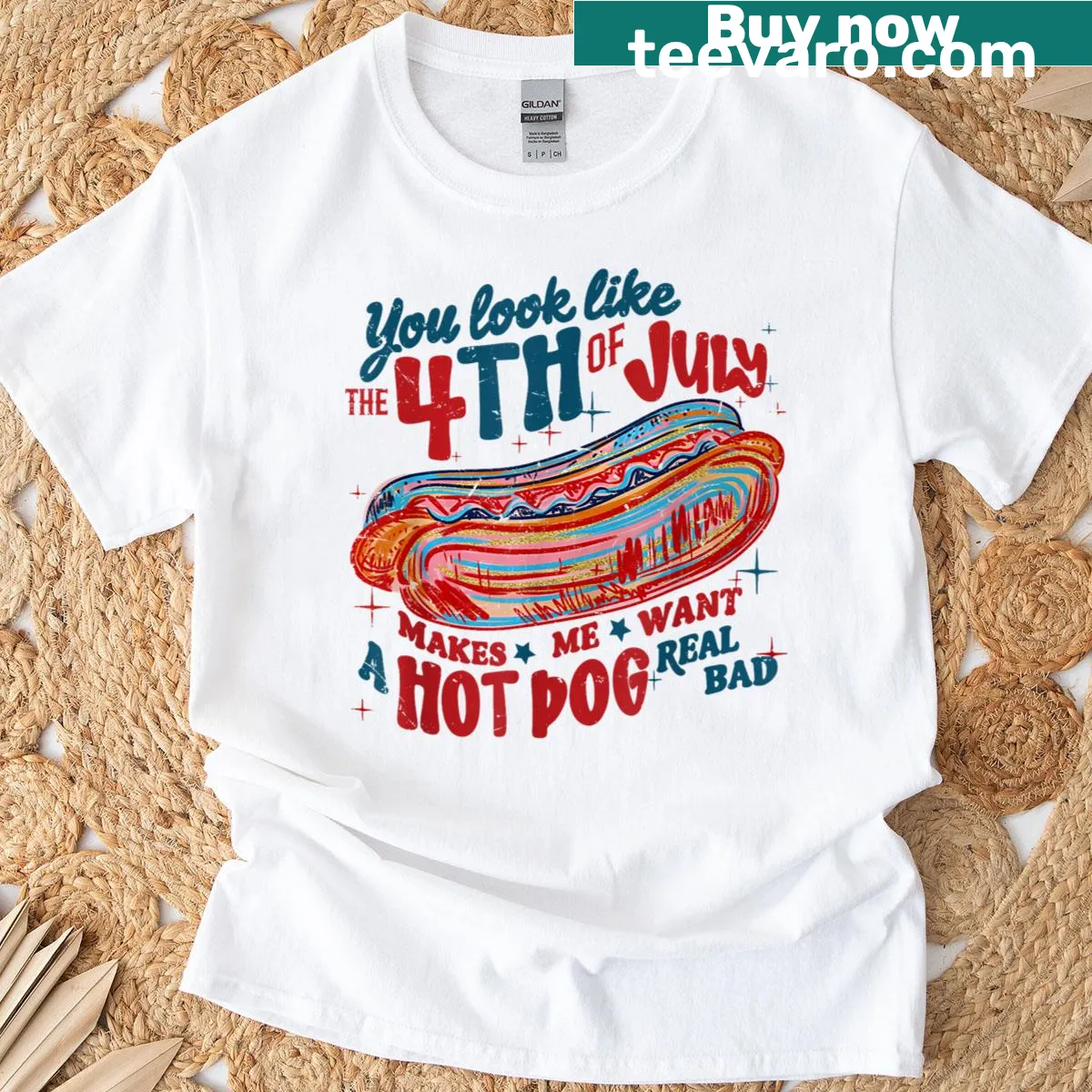 Patriotic shirt with hotdog lover text for Fourth of July — on a men's t-shirt