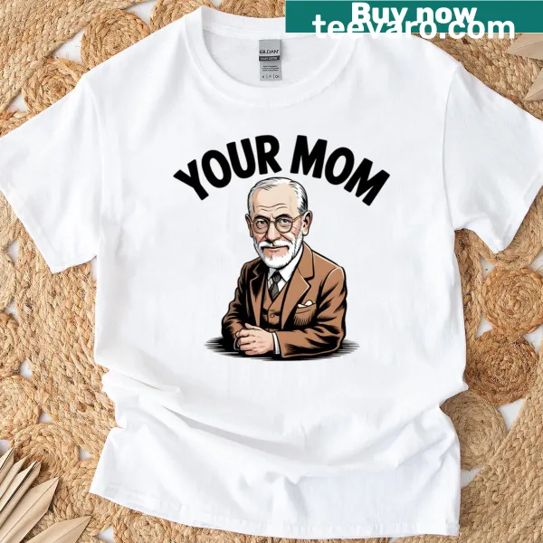 Bold typography saying 'Your Mom' on a casual t-shirt design.