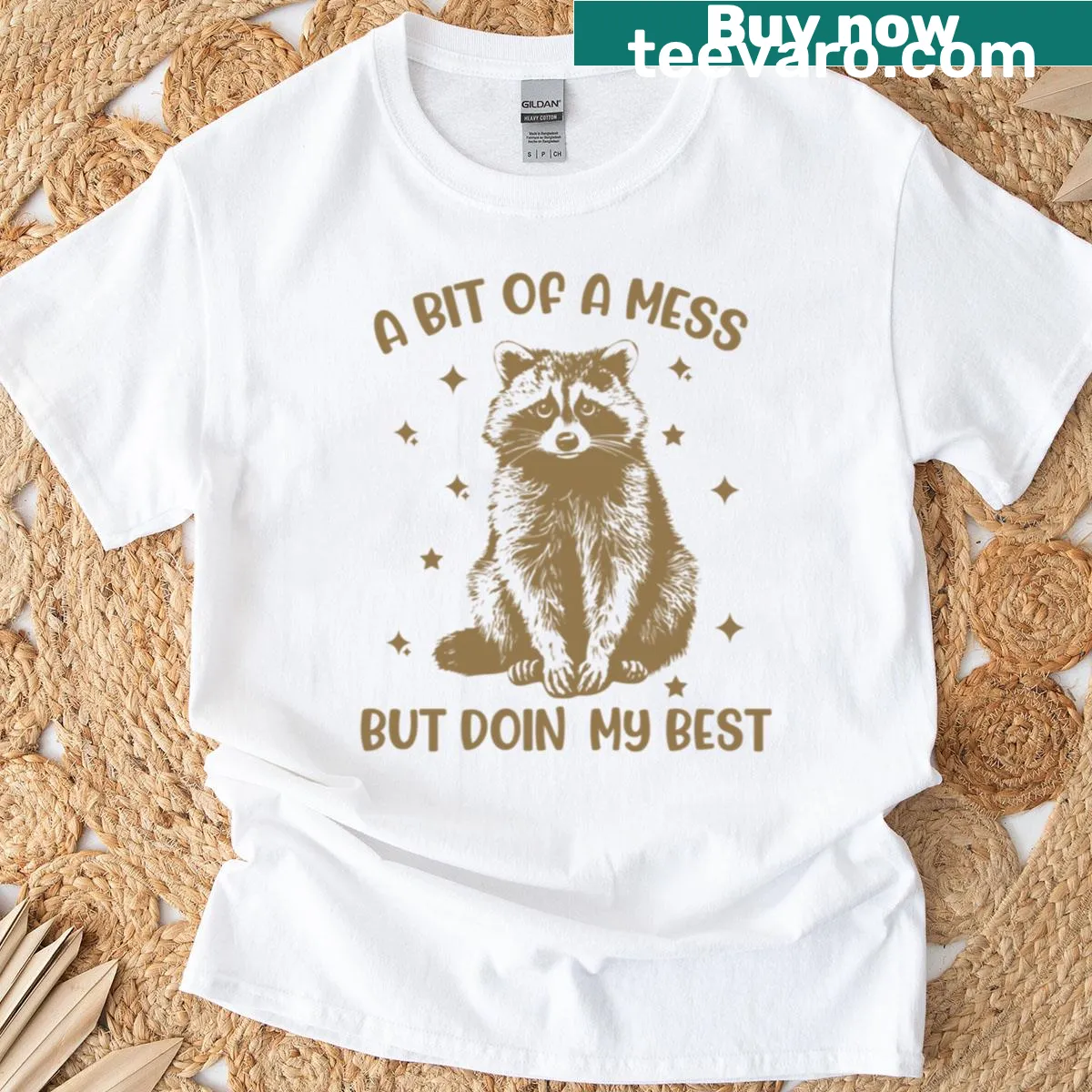 Graphic t-shirt featuring a raccoon and the phrase 'A Bit Of A Mess But Doing My Best' — on a men's t-shirt