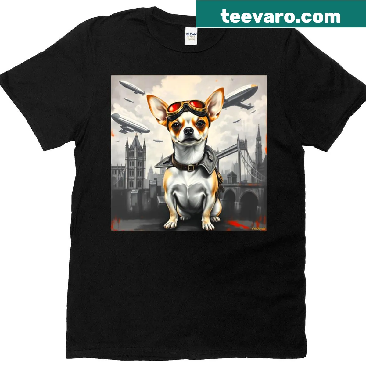 Cartoon Chihuahua design on a futuristic t-shirt — on a men's t-shirt