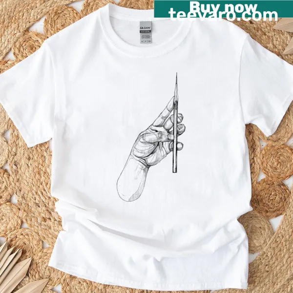Illustration of a hand holding a pencil on a T-shirt.