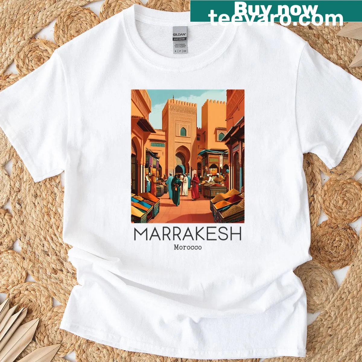Vintage illustration t-shirt featuring Marrakesh, Morocco — on a men's t-shirt