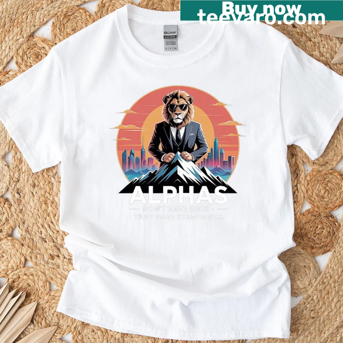 Illustration of a lion in a suit with a motivational quote. — on a men's t-shirt