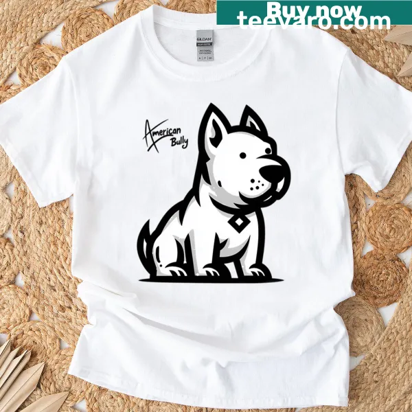 Cartoon illustration of an American Bully on a T-shirt.