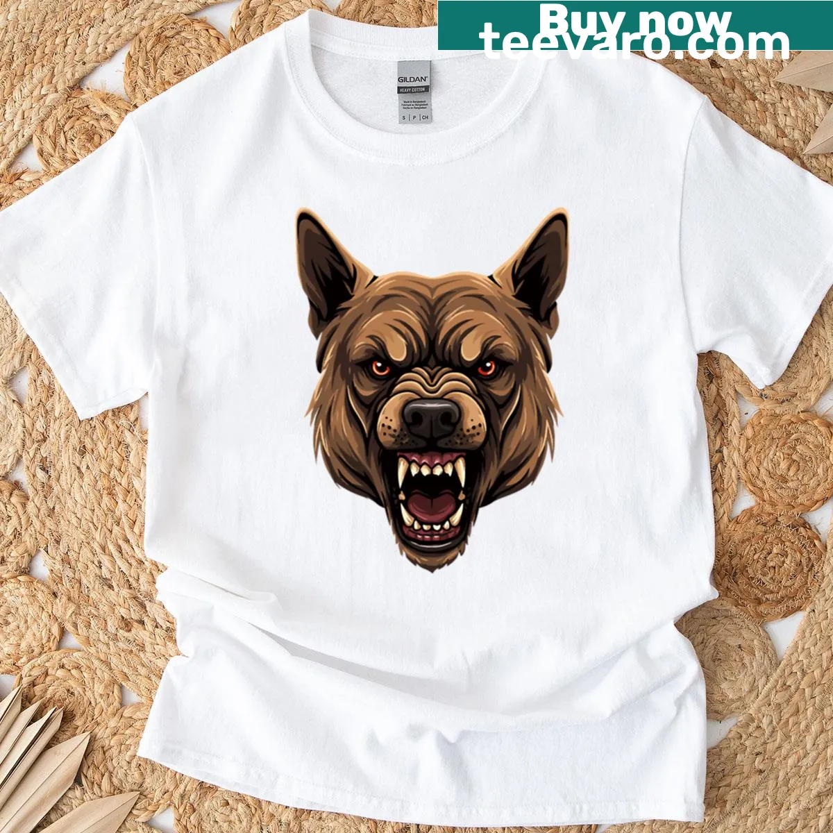 Vector illustration of an angry dog head with a snarling expression — on a men's t-shirt