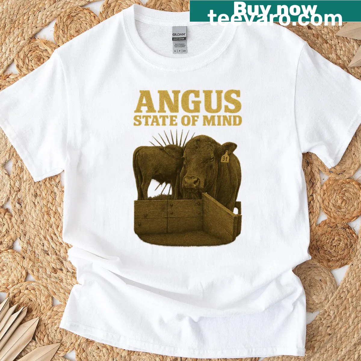 Rustic cattle ranch theme with Angus State Of Mind text — on a men's t-shirt