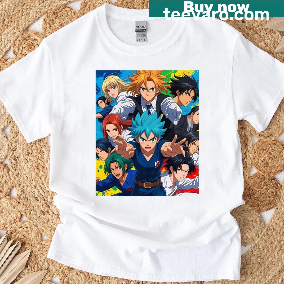 Collage of anime characters on a graphic T-shirt — on a men's t-shirt