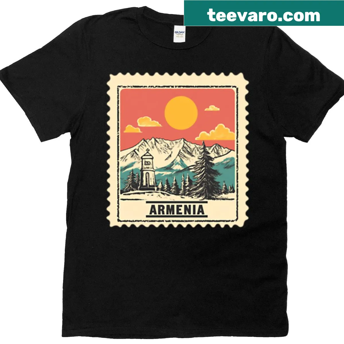 Oversized t-shirt featuring vintage stamp art of Armenia mountain sunset — on a men's t-shirt