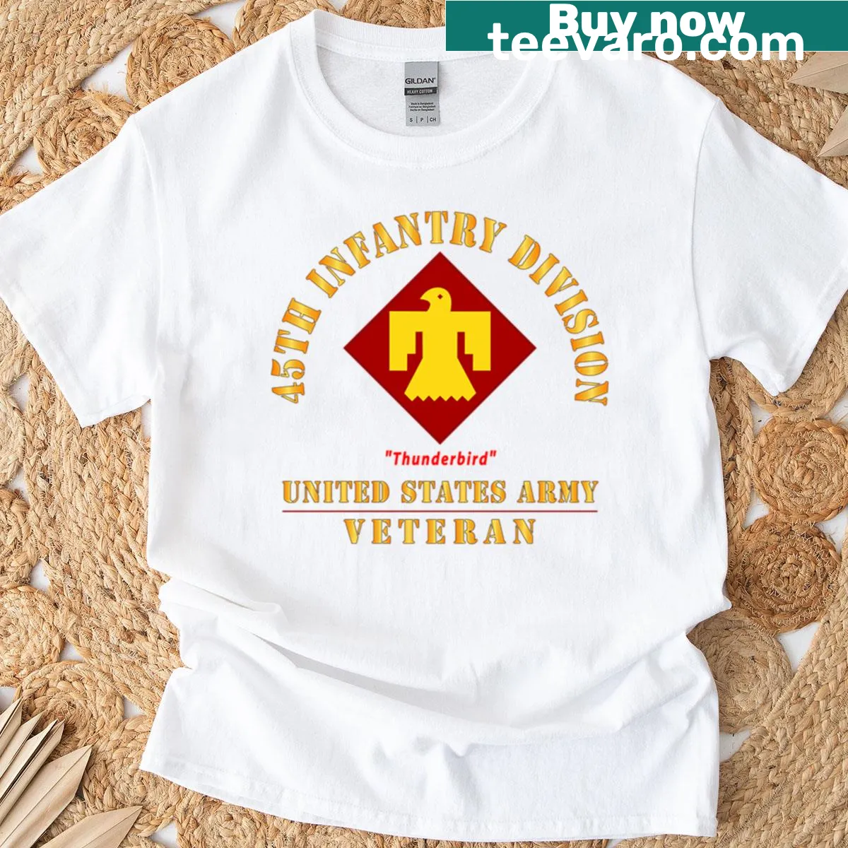 45th Infantry Division Thunderbird emblem on a veteran T-shirt — on a men's t-shirt