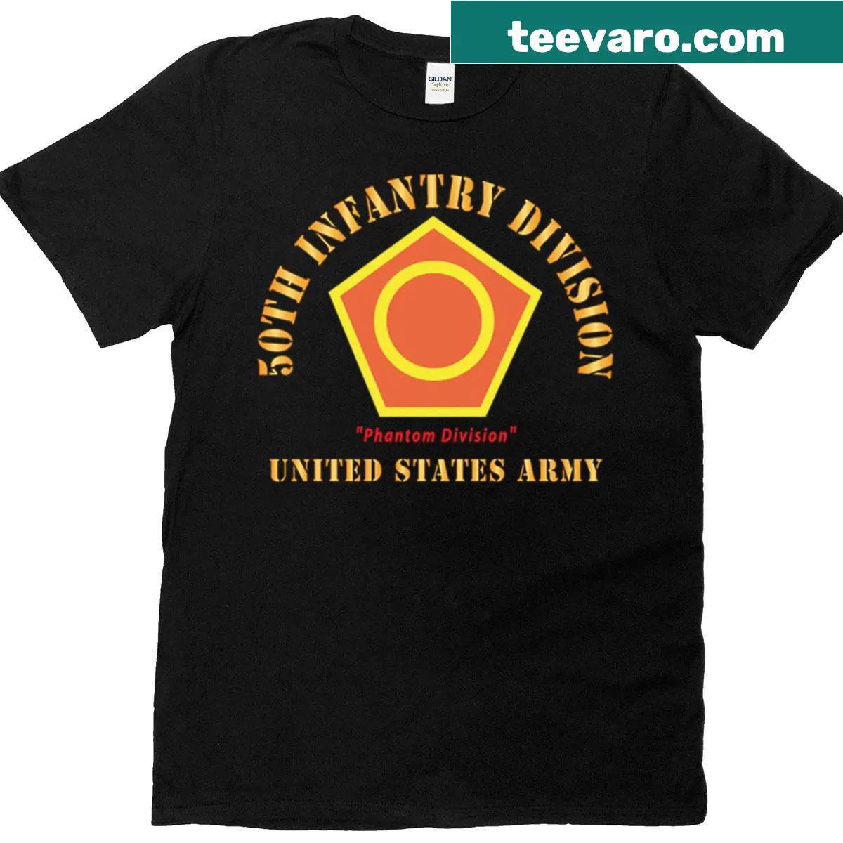 Army Veteran t-shirt featuring the 50th Infantry Division emblem. — on a men's t-shirt