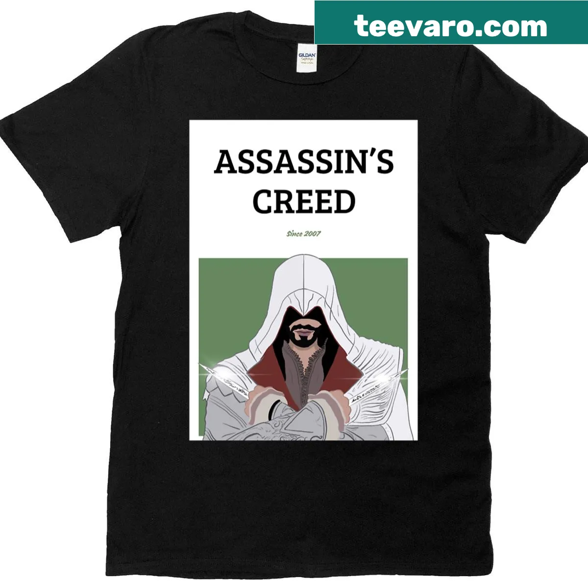 Premium t-shirt featuring a faceless assassin art print. — on a men's t-shirt