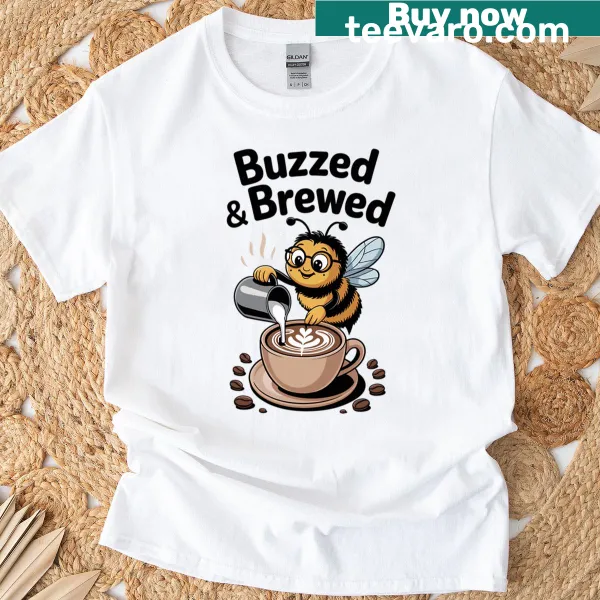 Humorous Bee Barista t-shirt with coffee-themed graphics