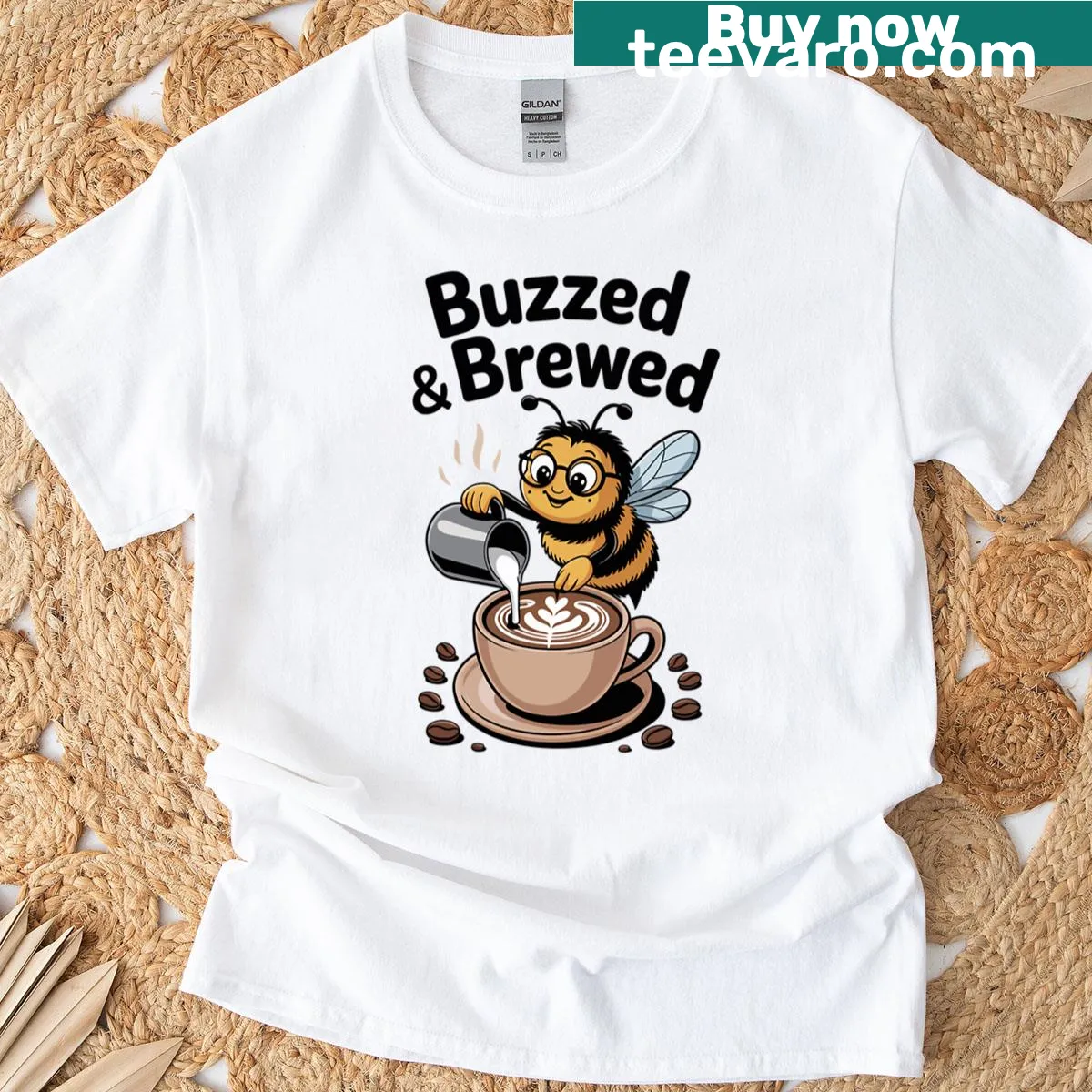 Humorous Bee Barista t-shirt with coffee-themed graphics — on a men's t-shirt