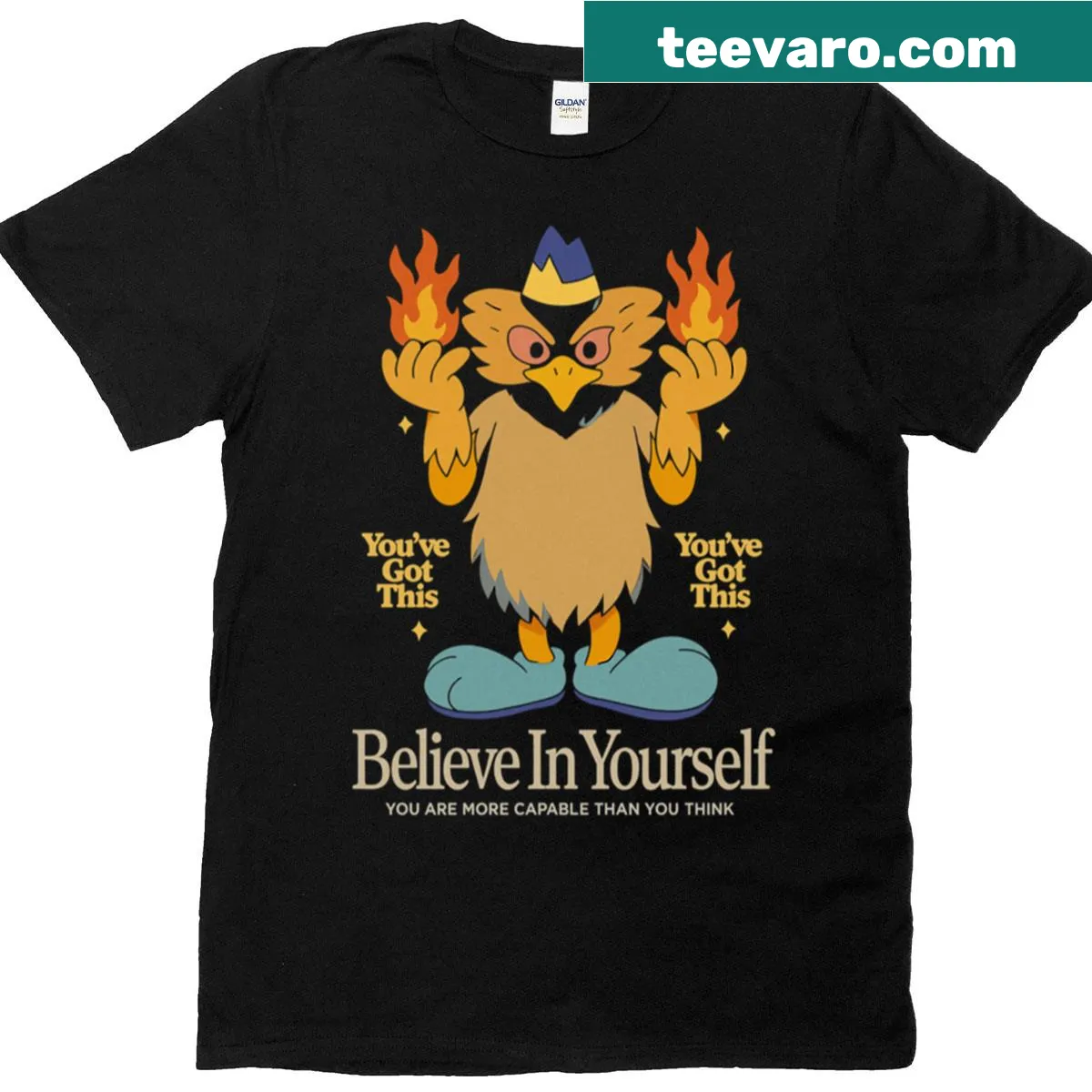 Retro flame bird graphic with motivational text on oversized t-shirt — on a men's t-shirt
