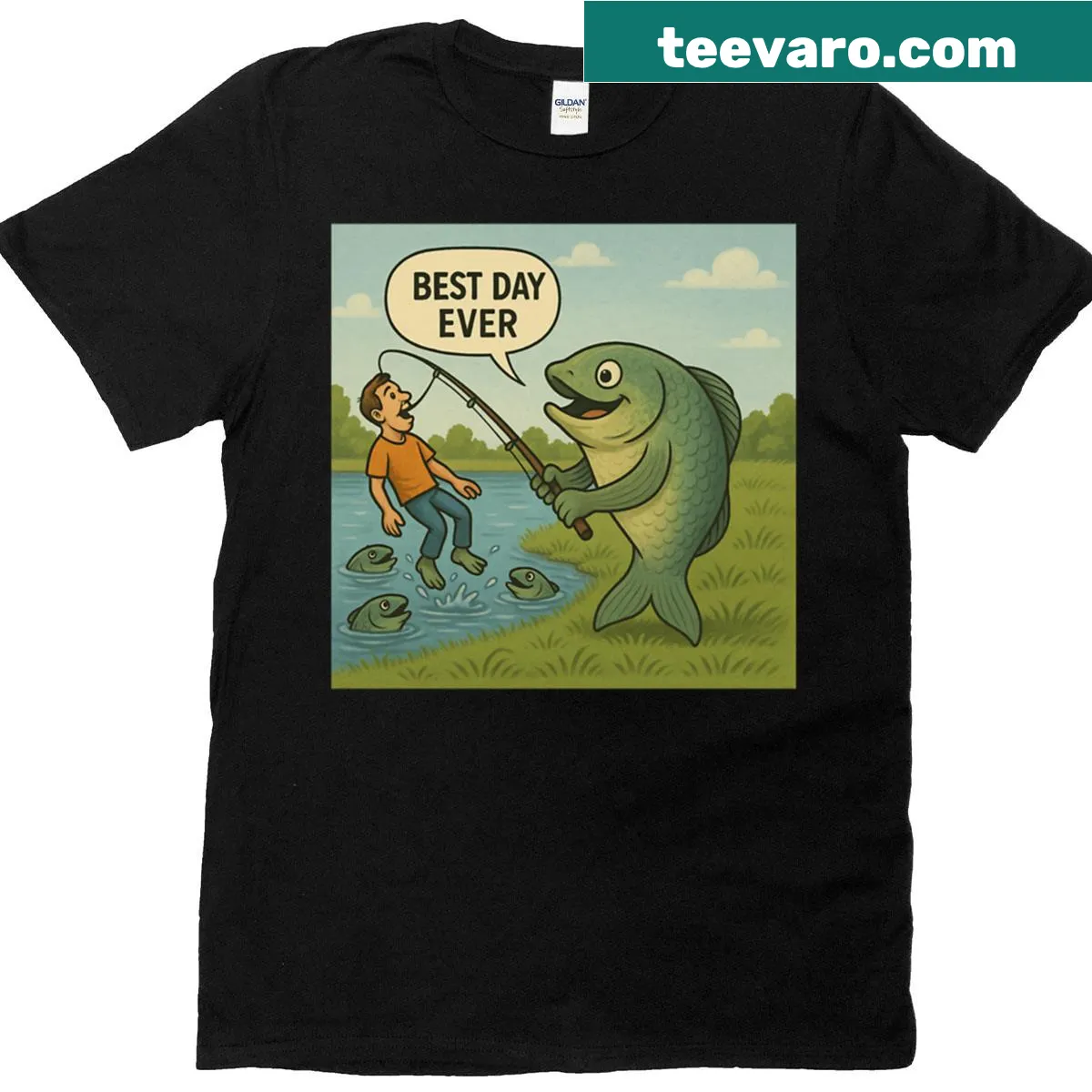 Funny fishing-themed t-shirt with a humorous flip graphic. — on a men's t-shirt