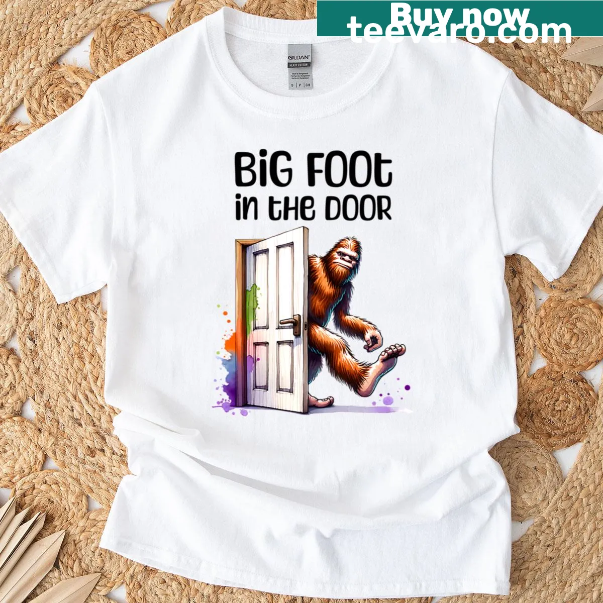 Funny Big Foot In The Door t-shirt with bold text — on a men's t-shirt
