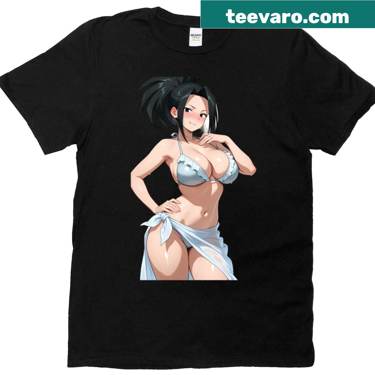 Oversized T-shirt featuring Bikini Momo anime waifu design — on a men's t-shirt
