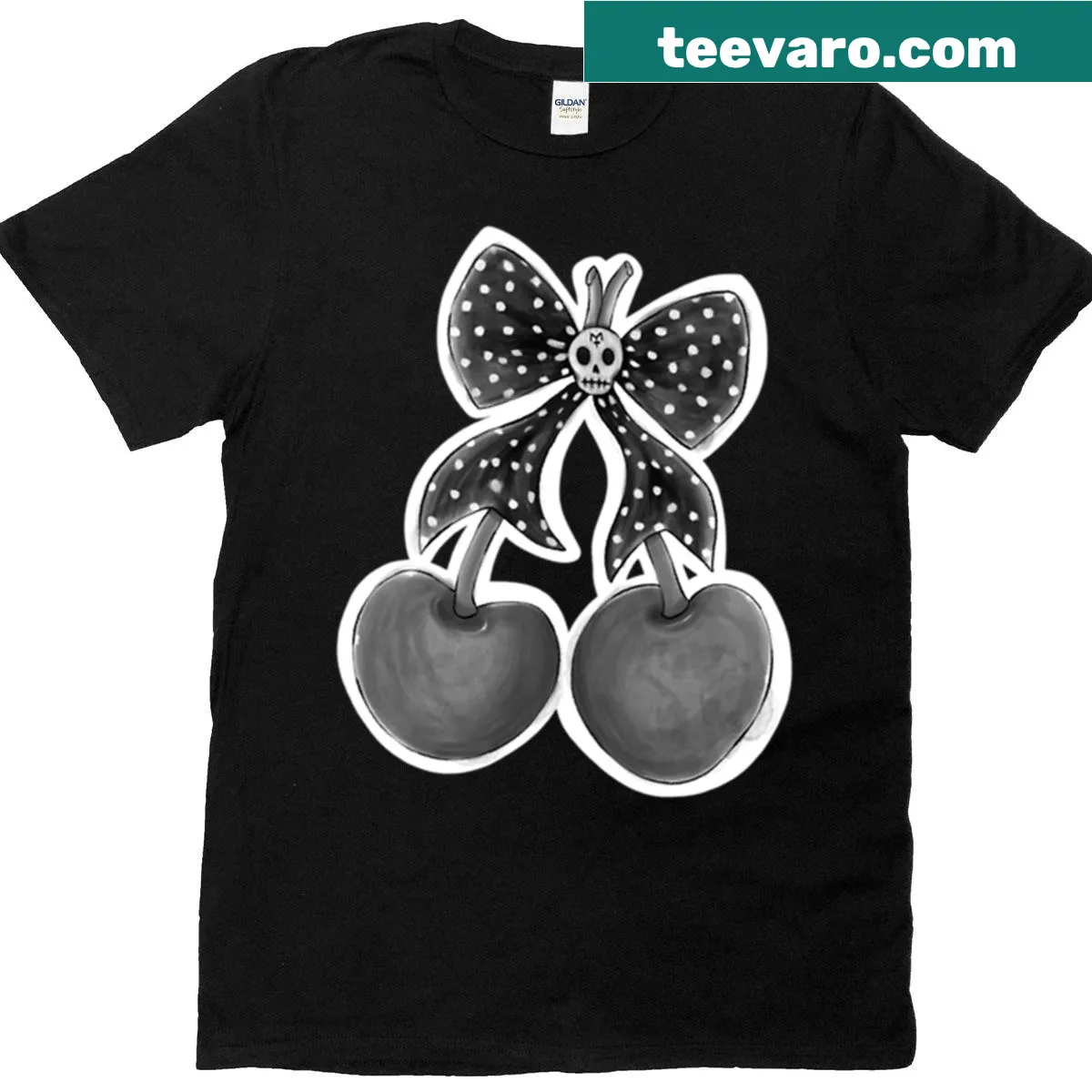Illustration of black and white cherries tied with a bow on a t-shirt — on a men's t-shirt