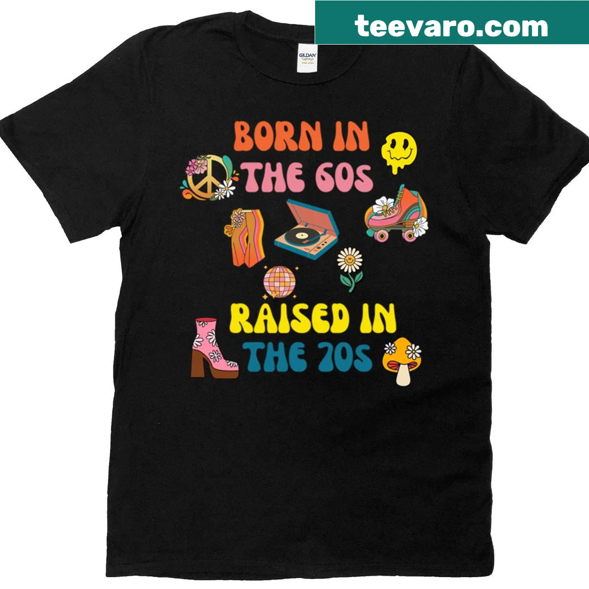 Vintage t-shirt with a humorous quote about being born in the 60s and raised in the 70s — on a men's t-shirt