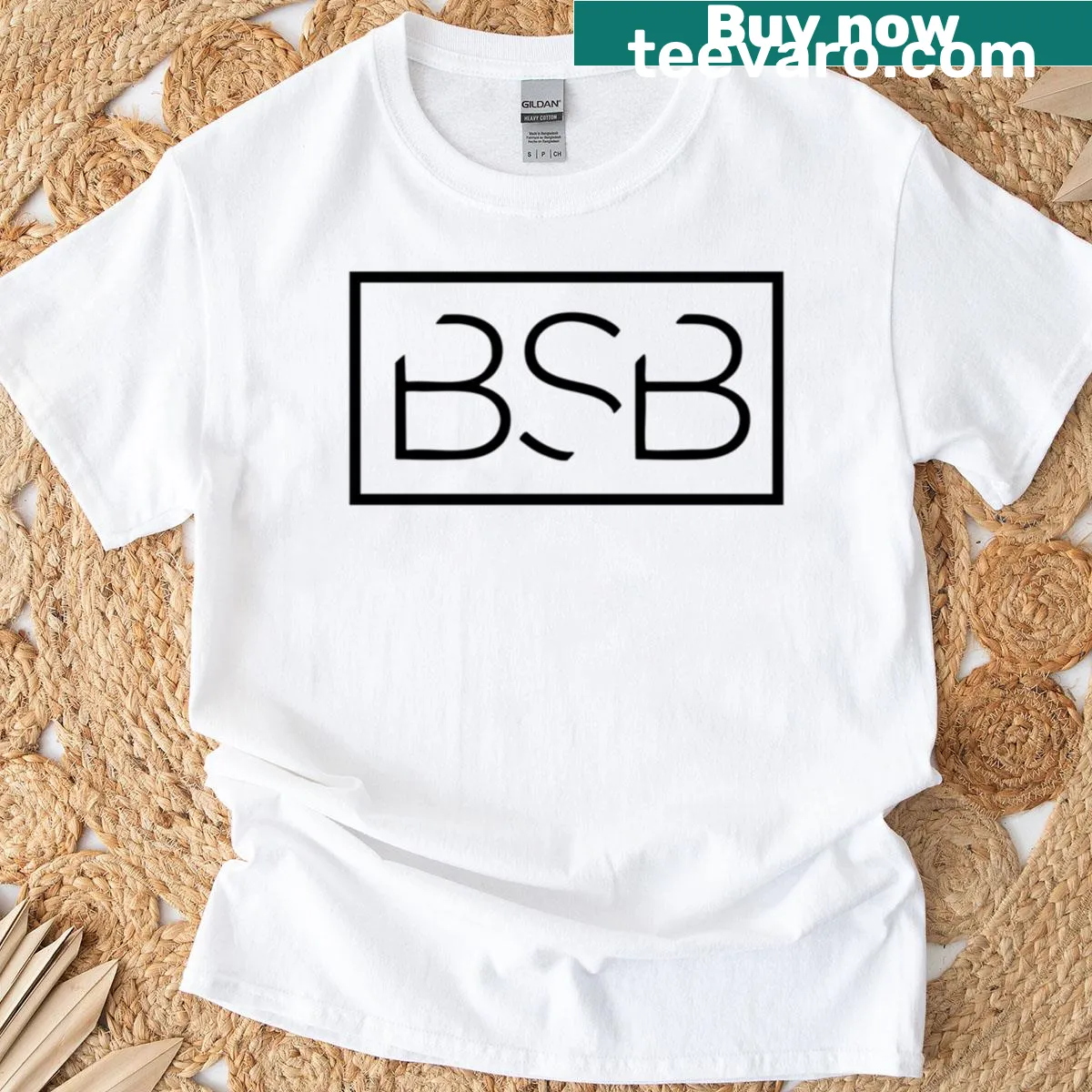 Distressed graphic of a BSB sticker design on a T-shirt. — on a men's t-shirt
