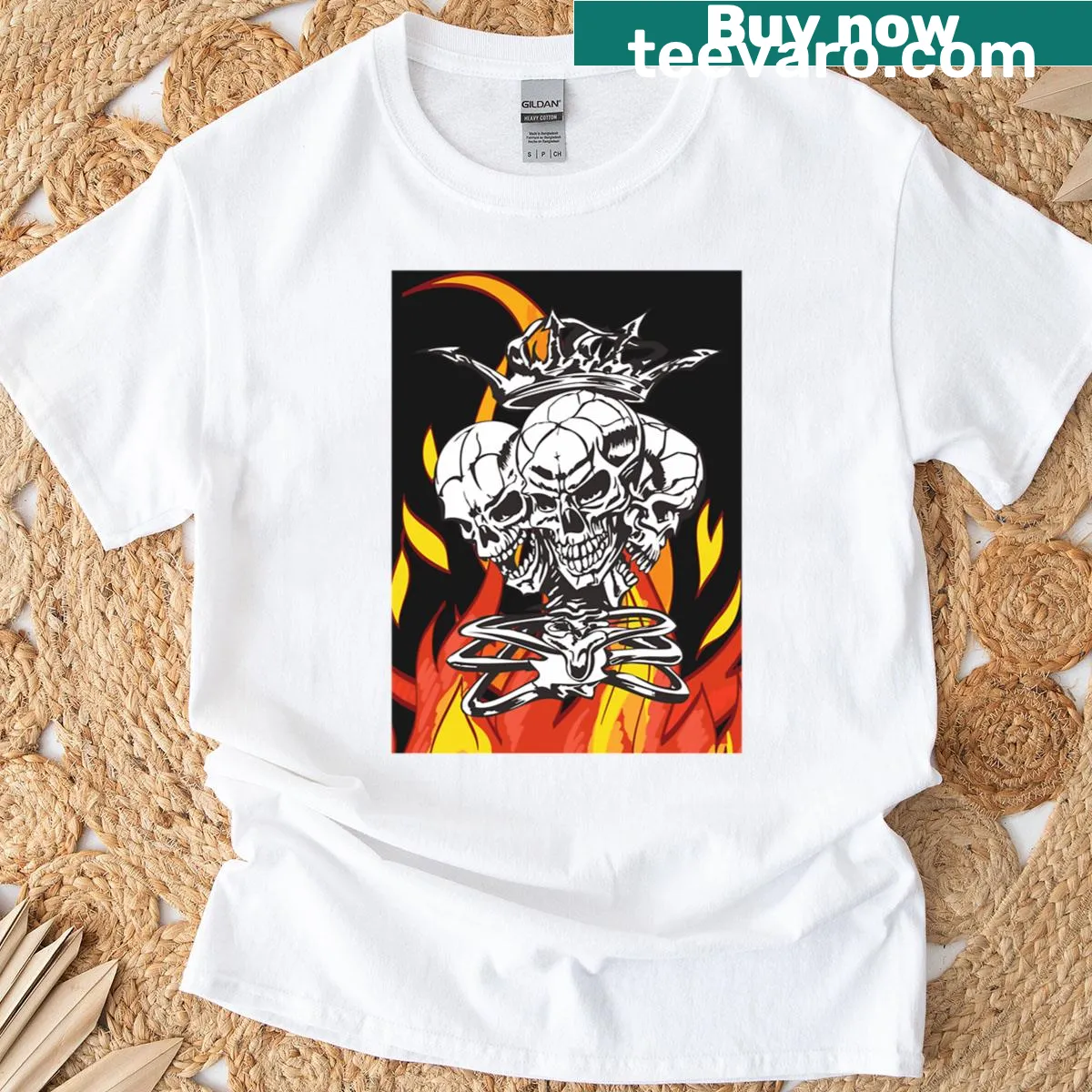 T-shirt featuring a bold graphic of flames — on a men's t-shirt