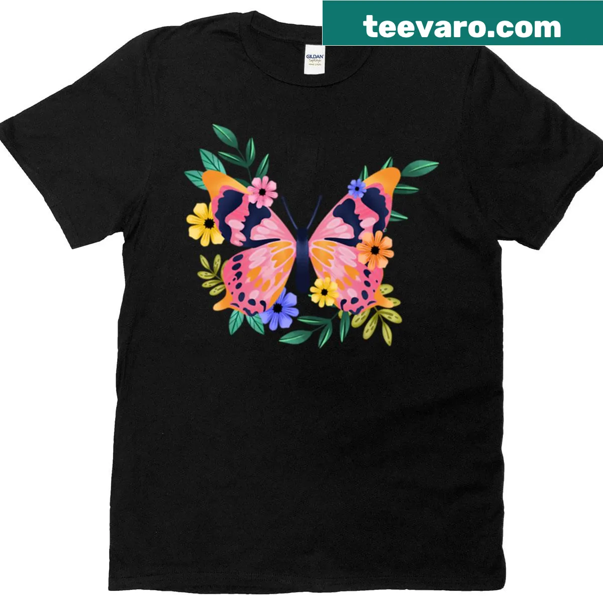 Illustrative oversized t-shirt with butterfly and garden sticker design — on a men's t-shirt