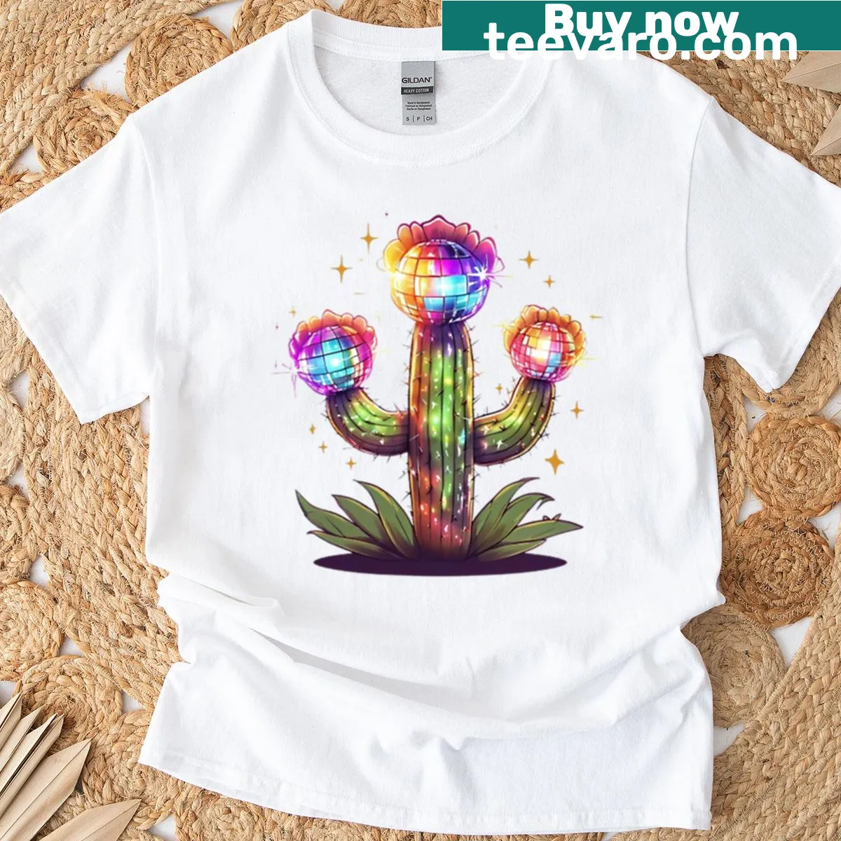 Fun T-shirt with a disco cactus design and colorful flower accents — on a men's t-shirt