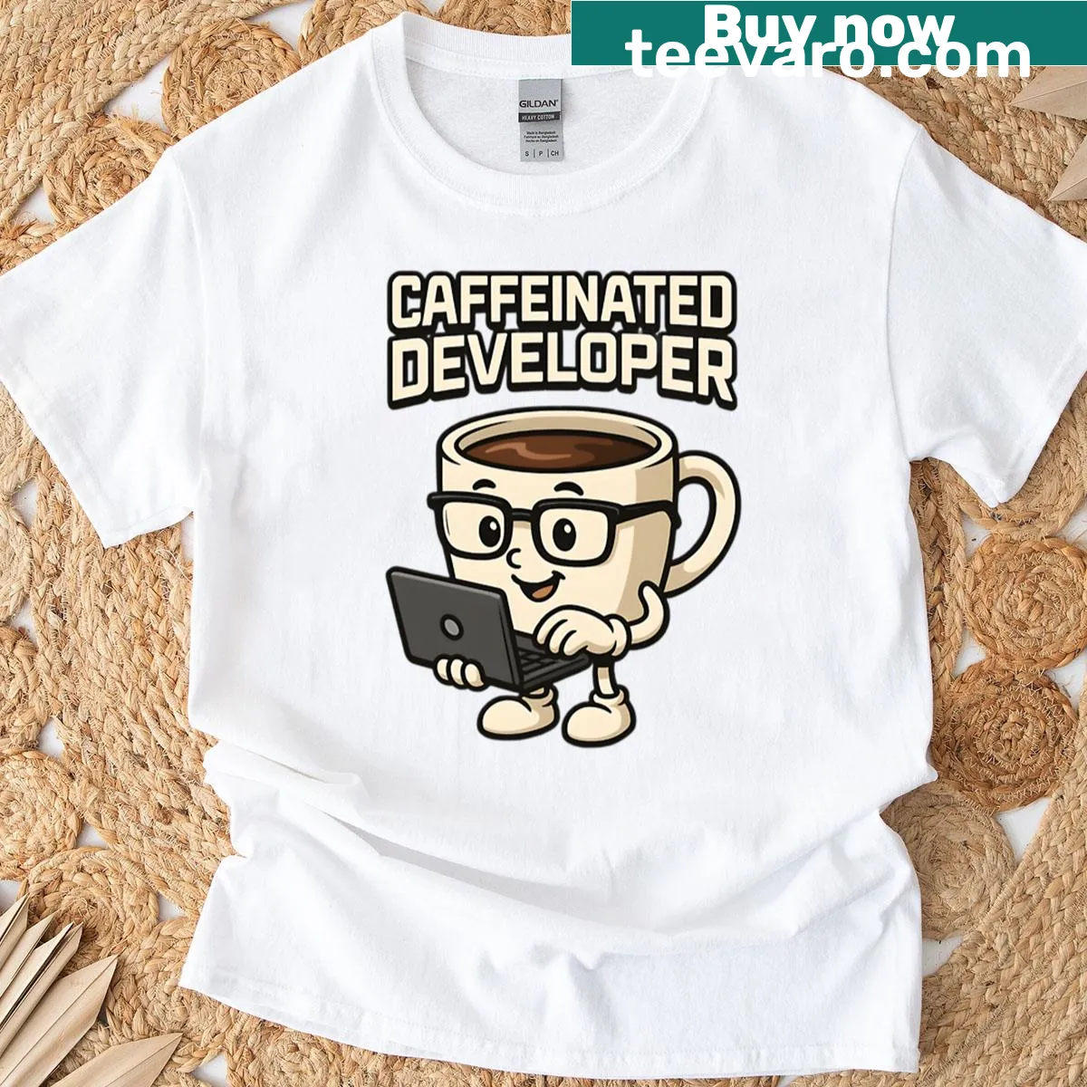 Funny coffee cup and laptop graphic for programmers — on a men's t-shirt