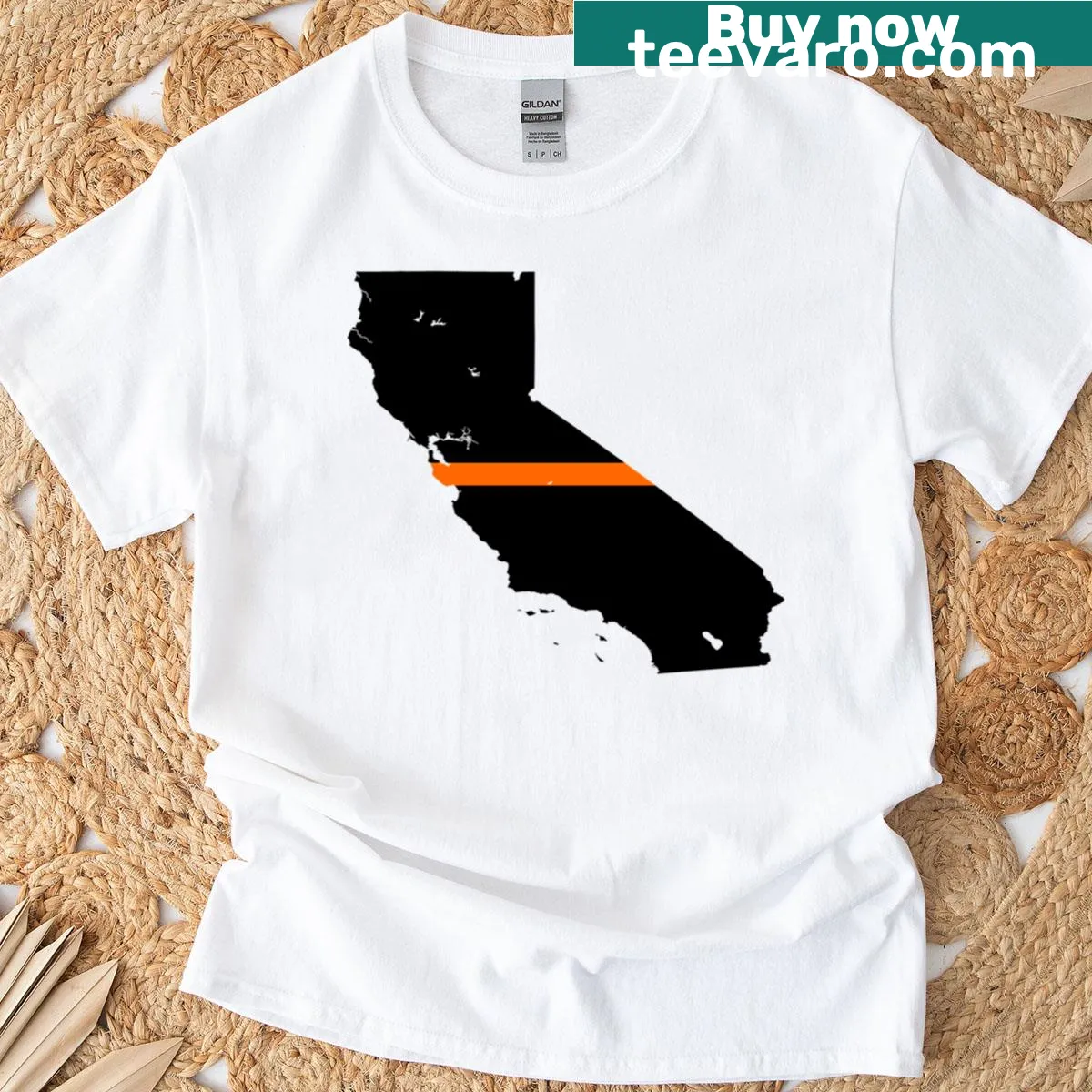 California T-shirt with a bold thin orange line graphic — on a men's t-shirt