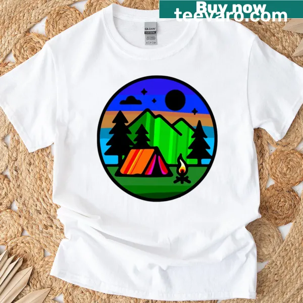 T-shirt depicting camping behind mountains with serene illustration