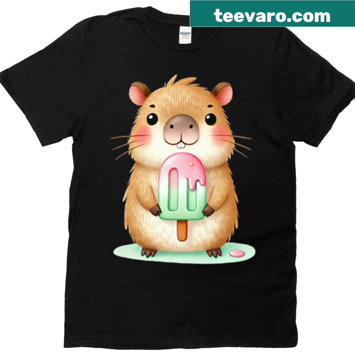 Capybara happily eating ice cream illustrated on a t-shirt — on a men's t-shirt