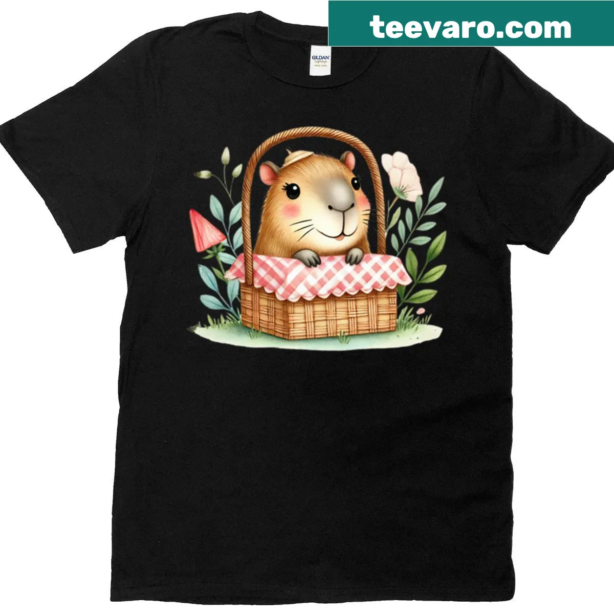 Illustrative T-shirt featuring a capybara and picnic basket — on a men's t-shirt