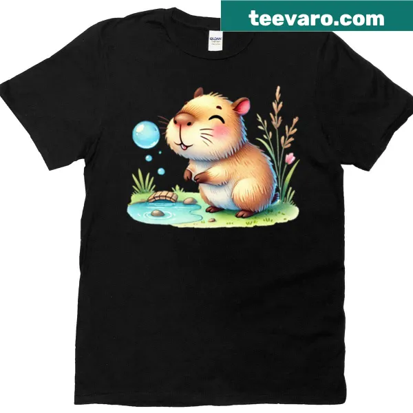 Playful T-shirt with capybara engaging with bubbles