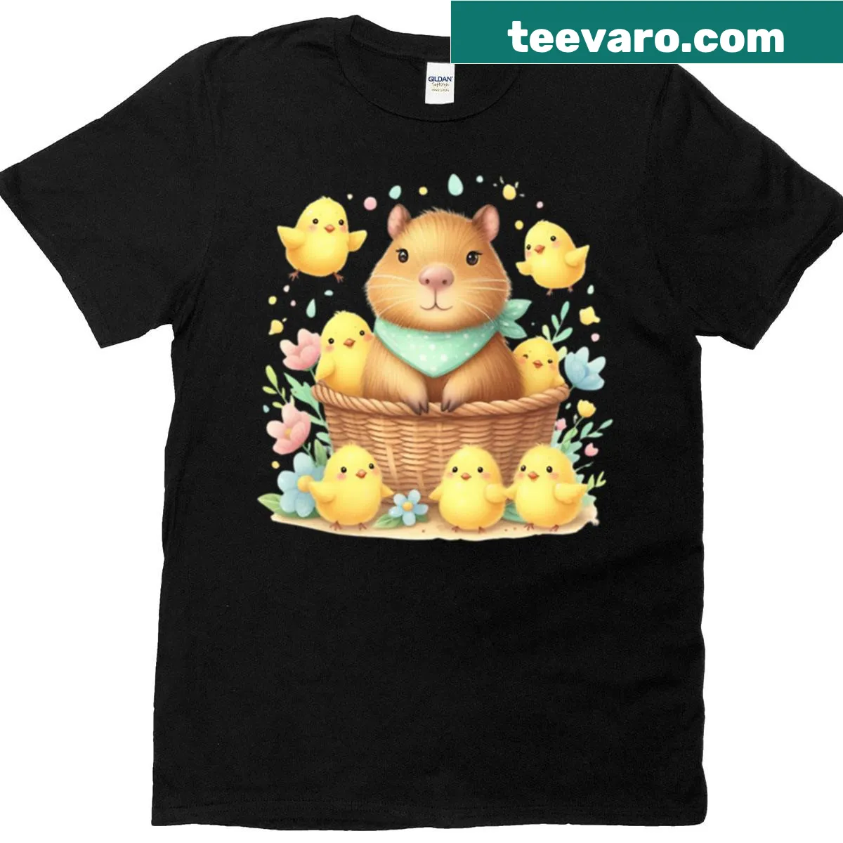 Illustration of a capybara surrounded by baby chicks in a cute design — on a men's t-shirt