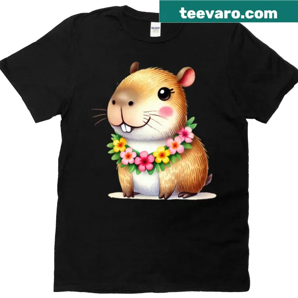 Capybara wearing a Hawaiian flower collar illustrated on a t-shirt